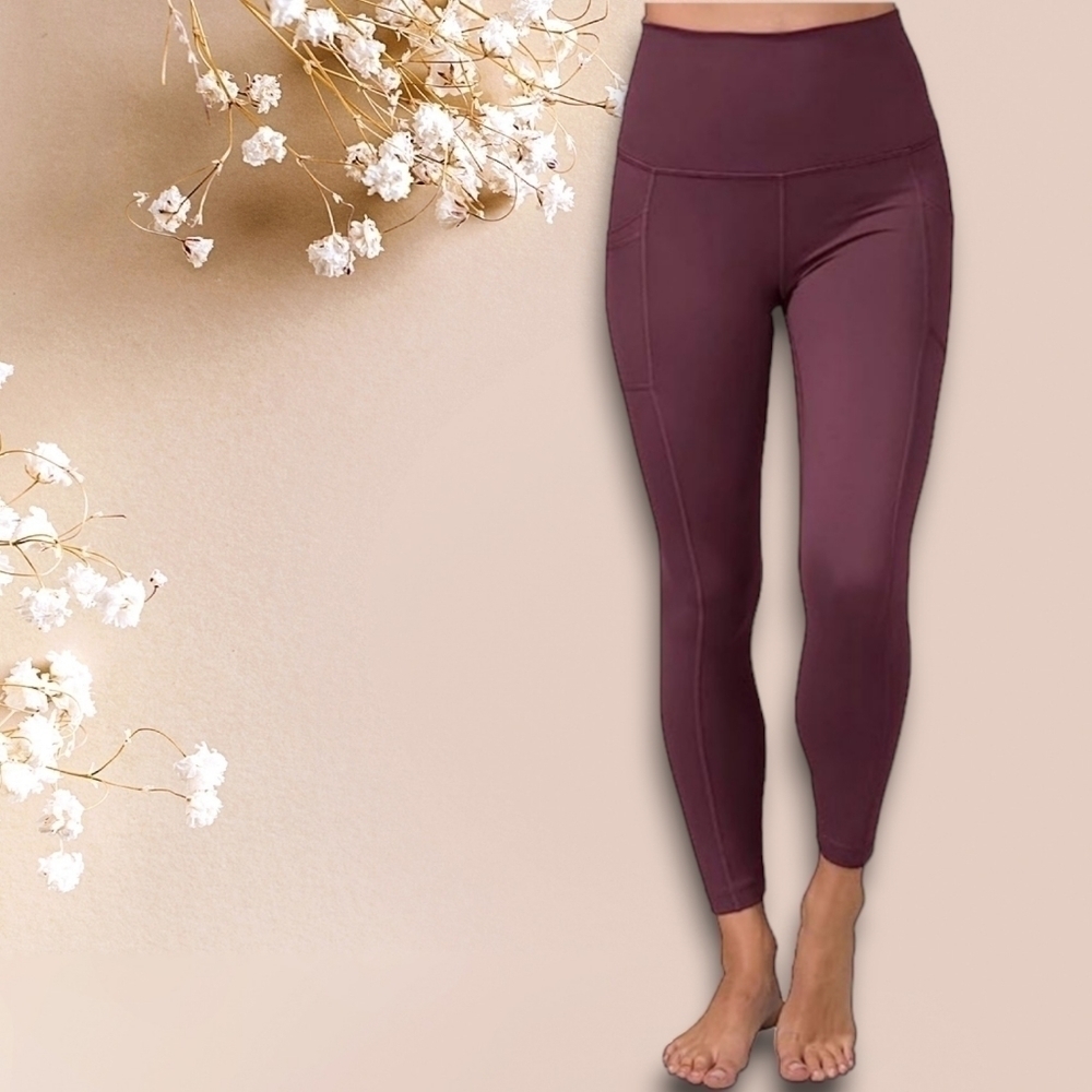 YOGALICIOUS Lux Hampot Port High Rise Leggings With Pockets Size Small Burgundy